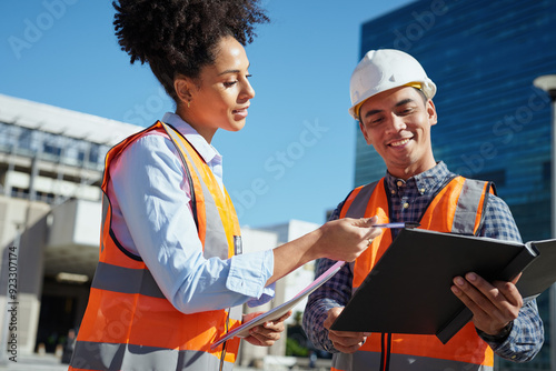 Diverse Construction Workers Collaborating on Outdoor Building Project photo