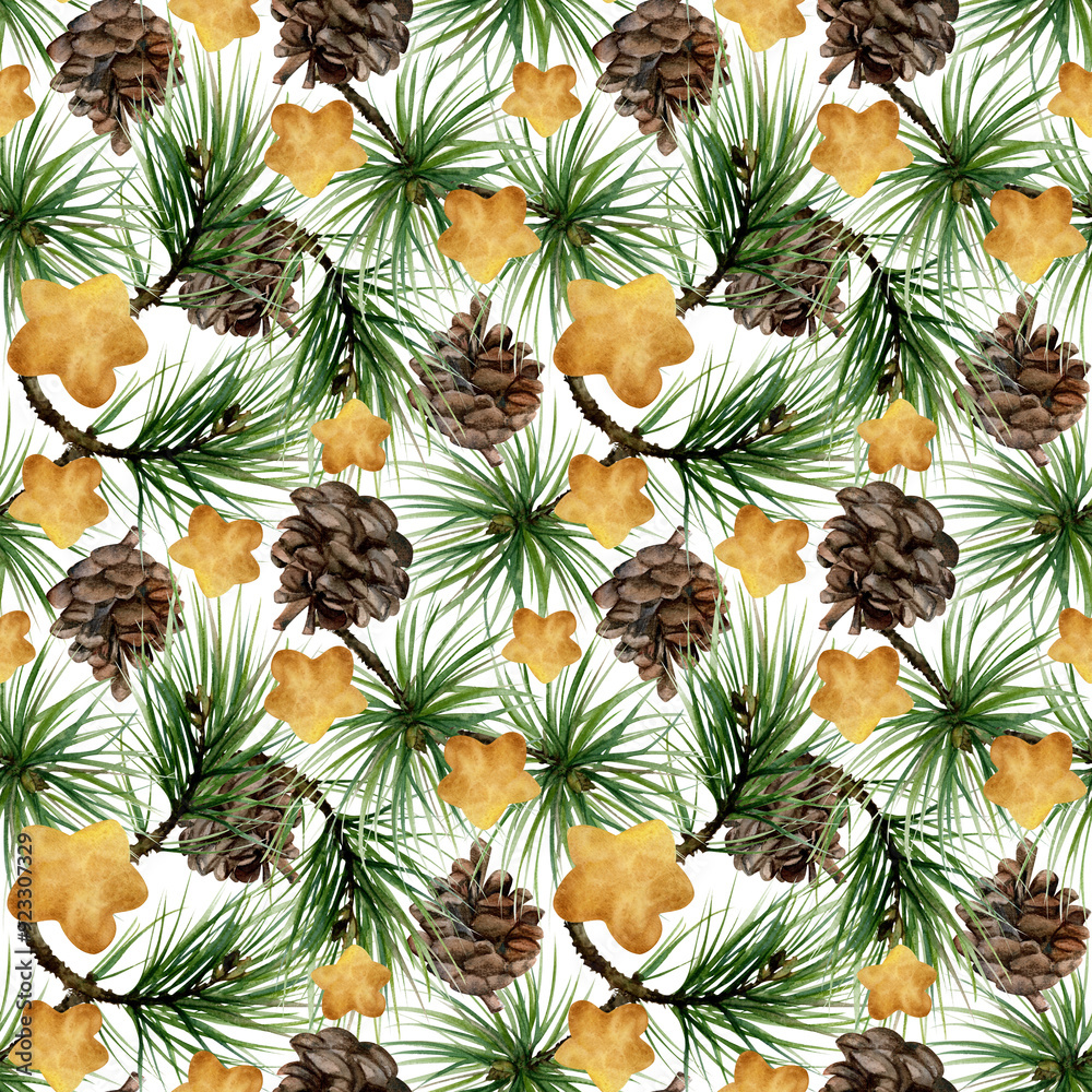 Fototapeta premium Pine, fir tree, spruce branches cones, gold star baubles. Watercolor hand drawn illustration, seamless pattern isolated on white. Xmas, happy new year festive, noel navidad holiday. Paper, textile