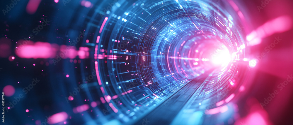 Abstract Digital Tunnel with Neon Lights and Glowing Particles Abstract Digital Tunnel with Neon Lights and Glowing Particles
