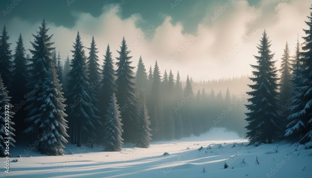Fototapeta premium merry christmas background with a serene winter forest, tall pine trees covered in snow, and a soft golden glow from the setting sun, copy space in the foreground, high detail, ai