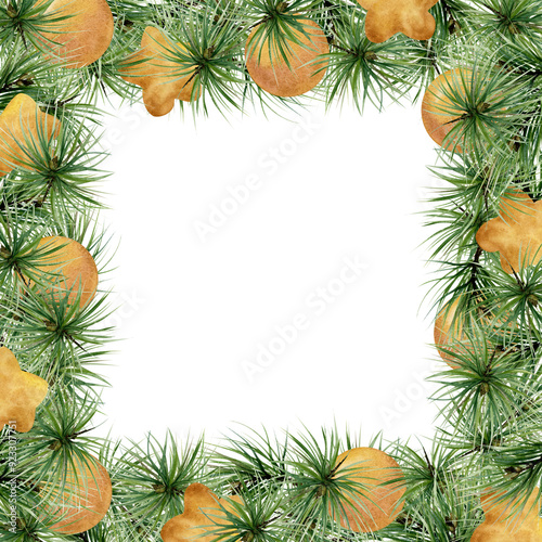 Pine tree, fir tree, spruce branches, gold bauble balls. Watercolor hand drawn illustration, border frame isolated on white. Xmas, happy new year festive, noel navidad. Cards, gifts, florist shop.