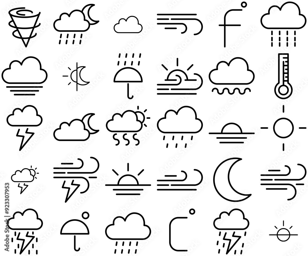 Set Of Linear Cloud And Weather Icons Collection Isolated Silhouette ...