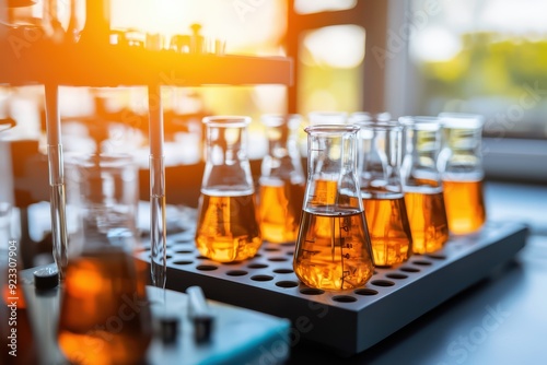 A vibrant lab scene featuring glass flasks filled with orange liquid, emphasizing science and experimentation.