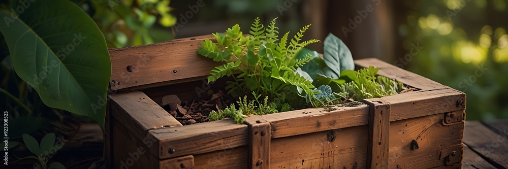 Fresh basil plants in wooden box at sunny Fresh basil plants in wooden box at sunny
