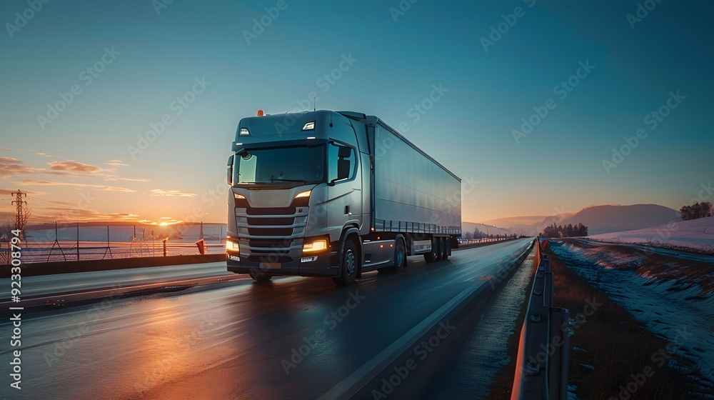 Truck driving on a highway at sunset with mountains in the background Truck driving on a highway at sunset with mountains in the background