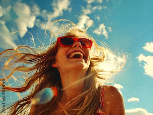 Joyful Woman with Windblown Hair photo