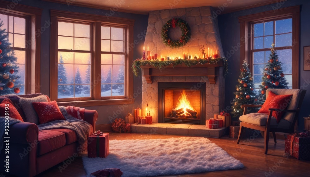 Obraz premium festive Christmas background with cozy living room view, burning fireplace, stockings hanging on the mantle, and large window showing falling snowflakes, ai