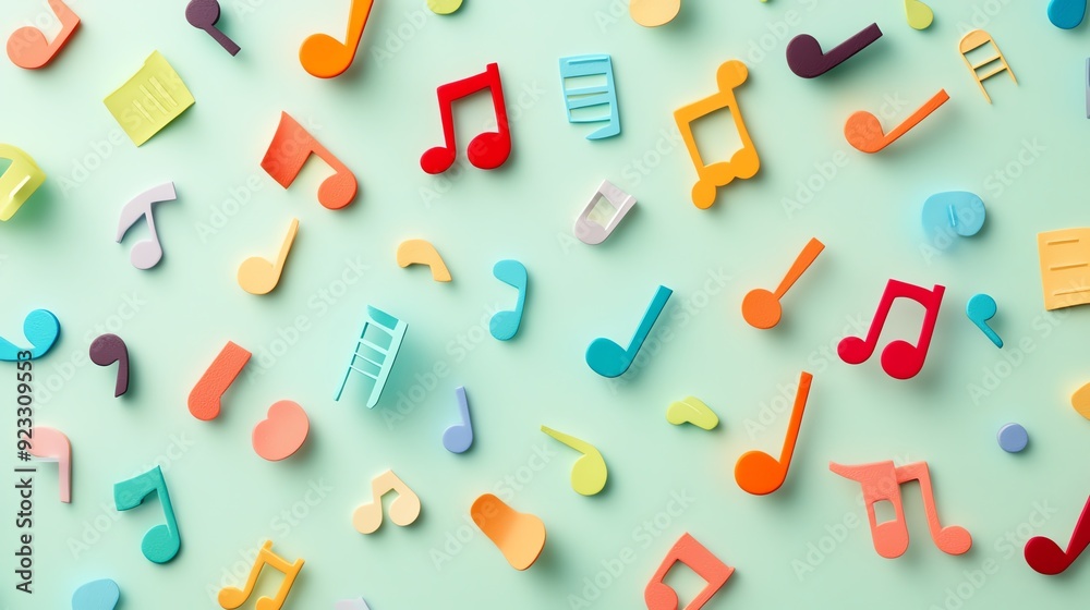 Colorful music notes pattern on a light blue background. Vibrant, playful, and artistic design for creative and musical projects. Colorful music notes pattern on a light blue background. Vibrant, playful, and artistic design for creative and musical projects.