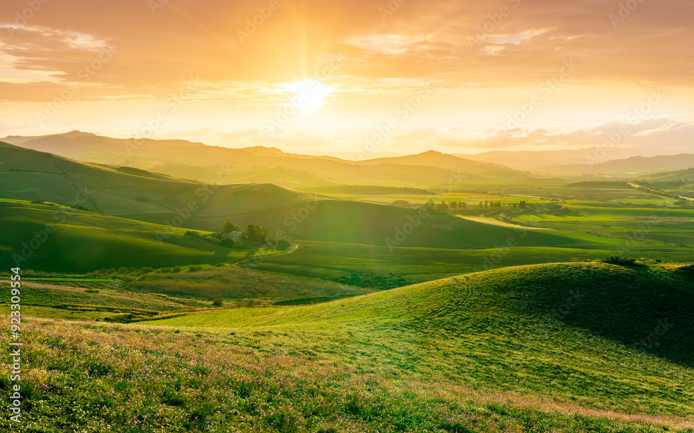 Fototapeta premium spring season green landscape of green field and meadow in a hill countryside with mountains and beautiful sunset sky on background