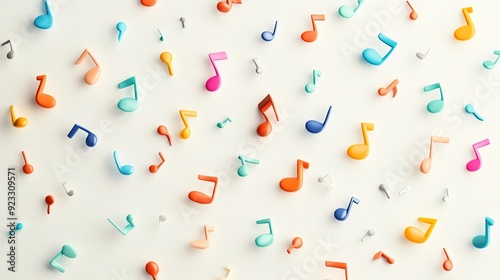 Colorful music notes scattered on a white background, creating a playful and vibrant musical design for creative projects and backgrounds.