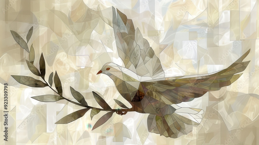 Dove with Olive Branch, Biblical Illustration in Stained Glass on Beige Background, Christian Peace and Hope, Copyspace Dove with Olive Branch, Biblical Illustration in Stained Glass on Beige Background, Christian Peace and Hope, Copyspace