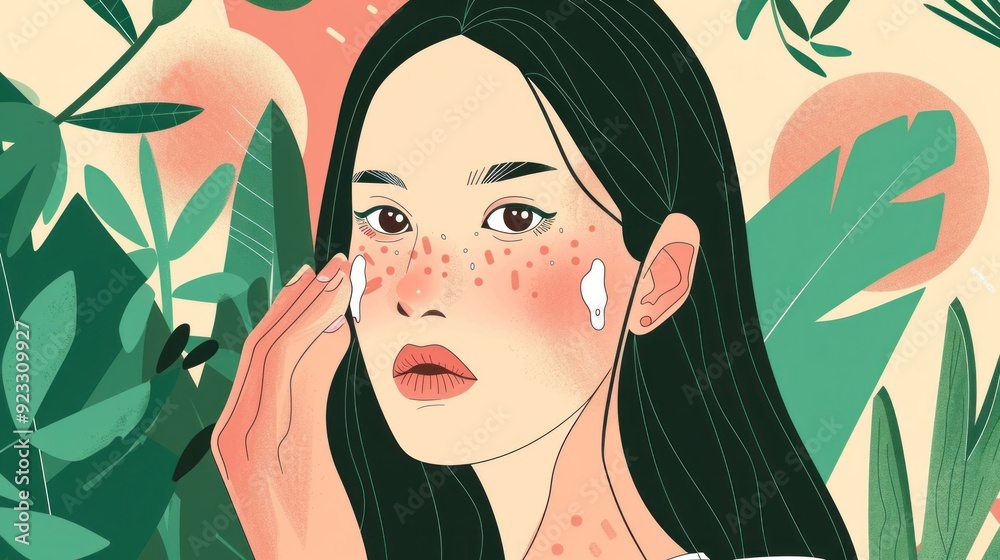 A young woman applying skincare in a lush, green setting with abstract leaves in the background, highlighting natural beauty and self care