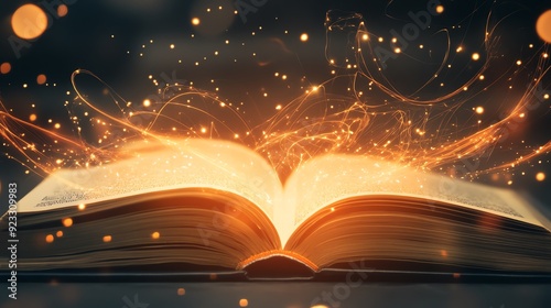 Magical open book with glowing sparks and light trails, concept of fantasy, imagination, and storytelling on a dark background.