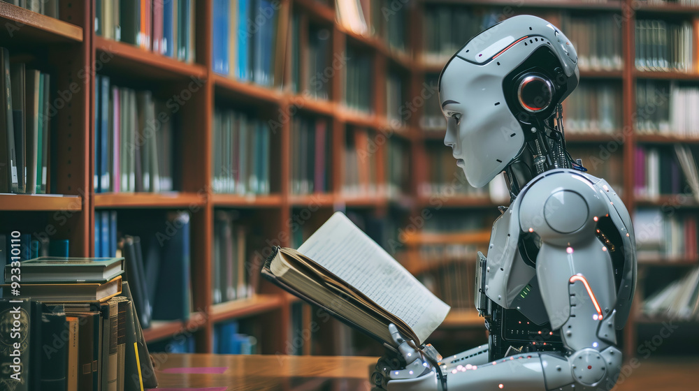 In a library full of books, a robot with a modern metal body reads a book, demonstrating the harmony of technology and traditional knowledge in one frame. In a library full of books, a robot with a modern metal body reads a book, demonstrating the harmony of technology and traditional knowledge in one frame.