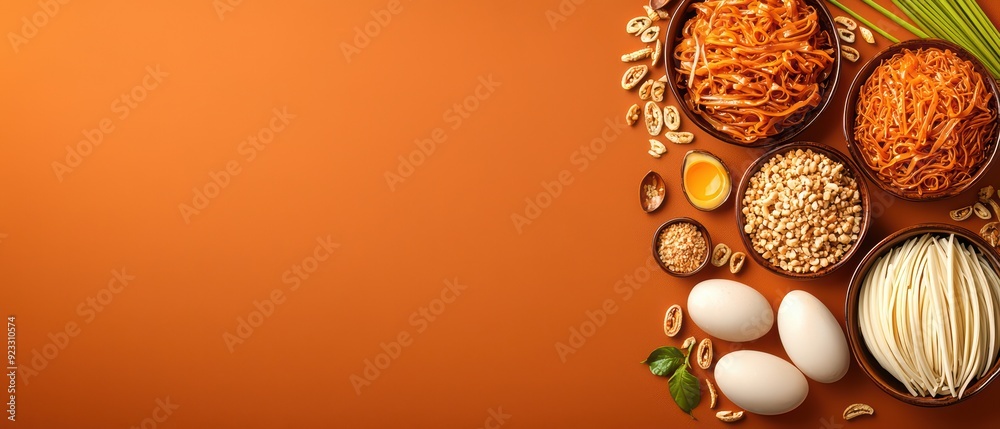 An inviting layout of fresh ingredients including eggs, noodles, and spices on a vibrant orange background. An inviting layout of fresh ingredients including eggs, noodles, and spices on a vibrant orange background.
