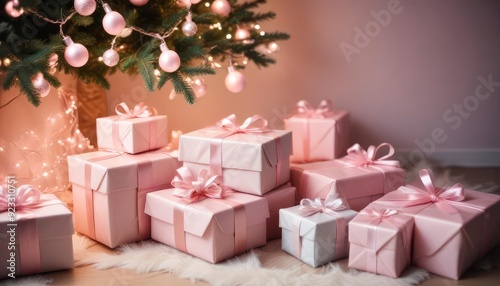 35mm film photography, merry christmas background with a close-up of beautifully wrapped gifts under a decorated tree, soft fairy lights in the background, copy space above, soft pink col, ai