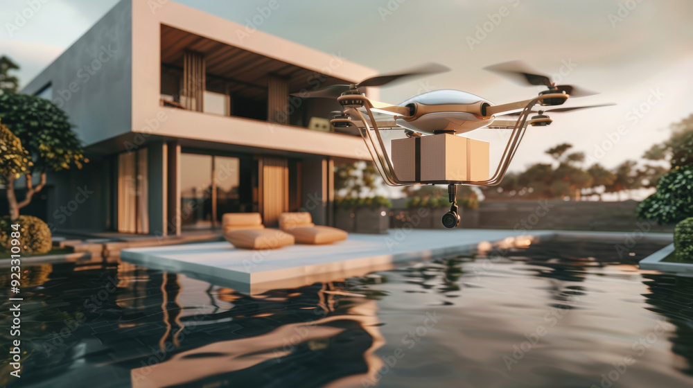 Fototapeta premium A drone delivering a package to a modern home, showcasing the future of logistics and delivery services.