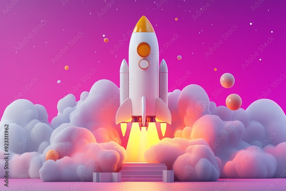 Obraz premium Cartoon rocket launching through clouds.