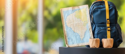 Close-up of a backpack and map, symbolizing adventure and travel plans, set against a blurred green background. photo