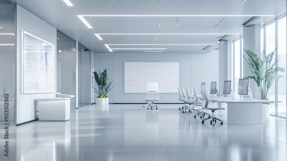 A futuristic office with smart desks, interactive whiteboards, and a clean, minimalist design, showcasing the latest in workplace technology. A futuristic office with smart desks, interactive whiteboards, and a clean, minimalist design, showcasing the latest in workplace technology.