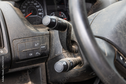 Canvas Print Very dirty and neglected car interior. View of the dashboard.