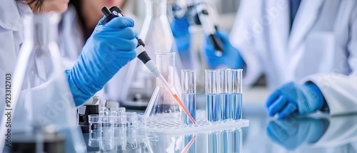 Close-up of a scientist using a pipette in a modern laboratory. Precision and accuracy in chemical analysis and experimentation.