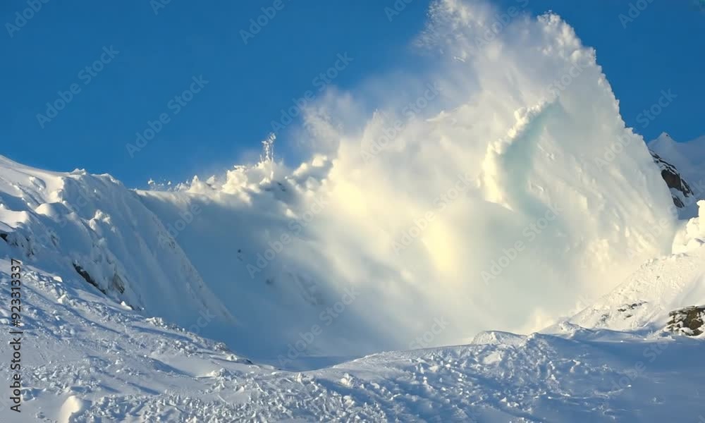 Impressive view of an avalanche falling from a white mountainside, with a sky in shades of blue in the background. The powerful cascade of snow highlights the dramatic effect of the force of nature.