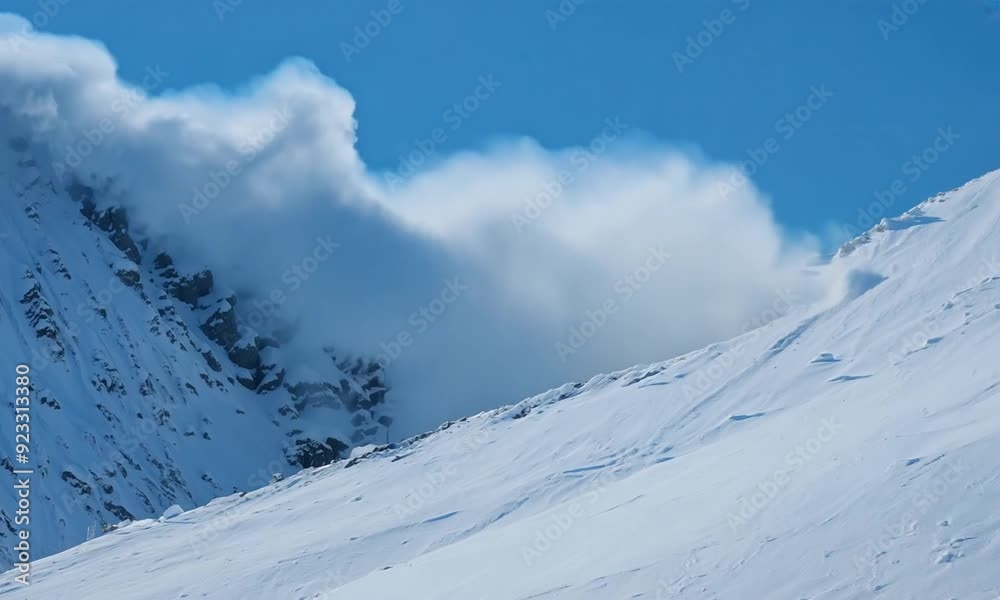 Impressive view of an avalanche falling from a white mountainside, with a sky in shades of blue in the background. The powerful cascade of snow highlights the dramatic effect of the force of nature.