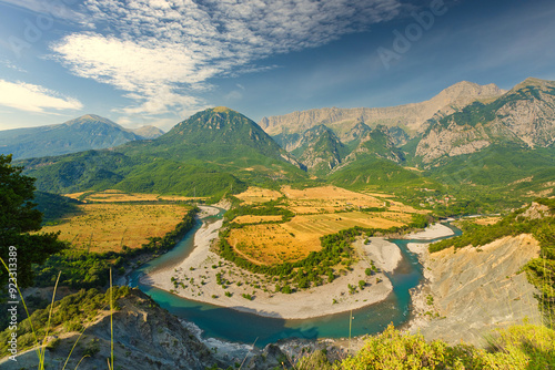 Vjosa river bend panorama at sunrise