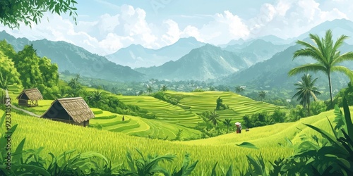 Rice Field Landscape with Mountains