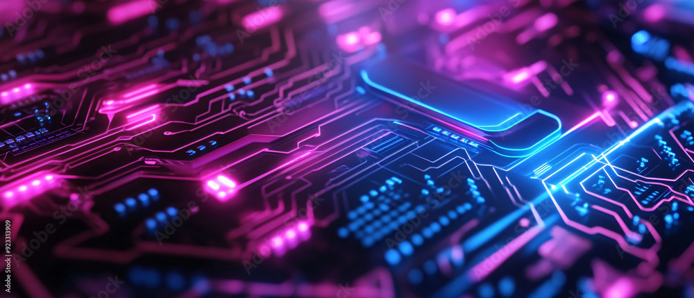 Abstract Neon Circuit Board Background With Pink And Blue Glowing Lights, Abstract Neon Circuit Board Background With Pink And Blue Glowin