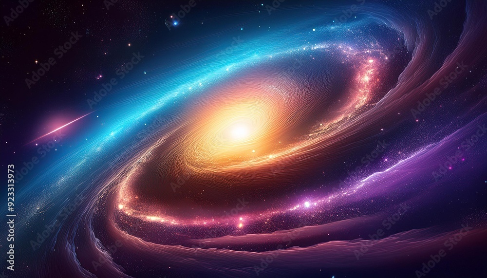 Fototapeta premium Vibrant cosmic swirling galaxy with radiant colors and stars, showcasing the beauty of the universe amidst a dark cosmic backdrop