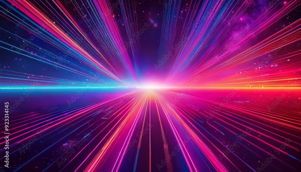 Obraz premium Abstract burst of colorful light beams radiating from a central point in a cosmic space setting with vibrant gradient effects