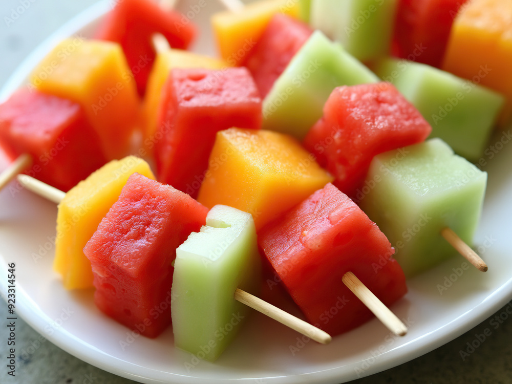 A close-up of vibrant melon skewers featuring juicy chunks of watermelon, honeydew, and Galia melon. A close-up of vibrant melon skewers featuring juicy chunks of watermelon, honeydew, and Galia melon.