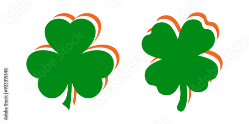 Día de San Patricio. Grupo de trébol con sombra con la textura de la bandera de Irlanda para felicitaciones y tarjetas
