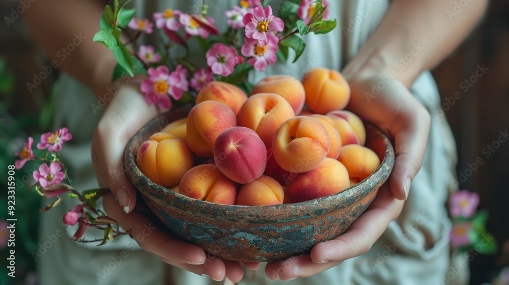 © ifoto - A person is holding out an assortment of fresh fruits and flowers, such as peaches or apricots in a bowl © ifoto - A person is holding out an assortment of fresh fruits and flowers, such as peaches or apricots in a bowl