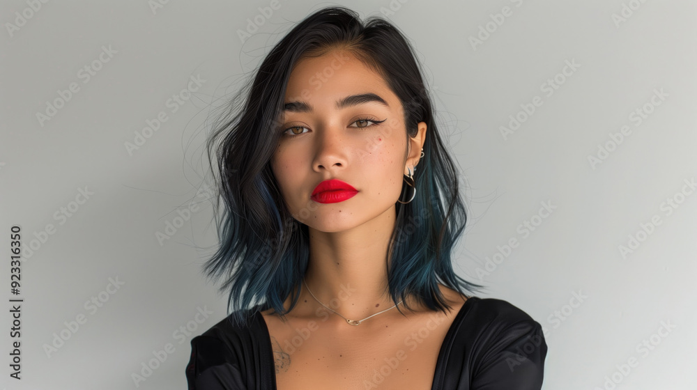 Elegant woman with blue-tinted bob haircut and bold red lips posing against a plain background. Concepts of modern beauty, fashion trends, and confident self-expression. Elegant woman with blue-tinted bob haircut and bold red lips posing against a plain background. Concepts of modern beauty, fashion trends, and confident self-expression.