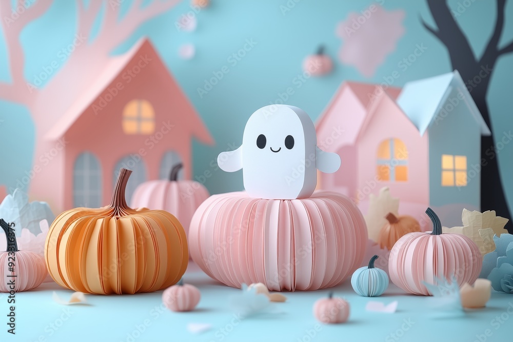 3D paper art background with cute sheet ghost, bats and pumpkin, pastel color palette 3D paper art background with cute sheet ghost, bats and pumpkin, pastel color palette