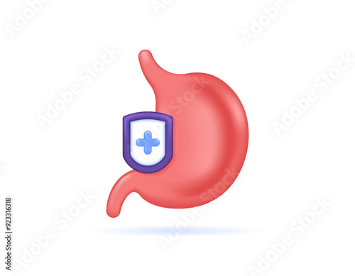 stomach protection concept. gastric health care. stomach organ and shield illustration. symbol or icon. minimalist 3d style design. graphic elements