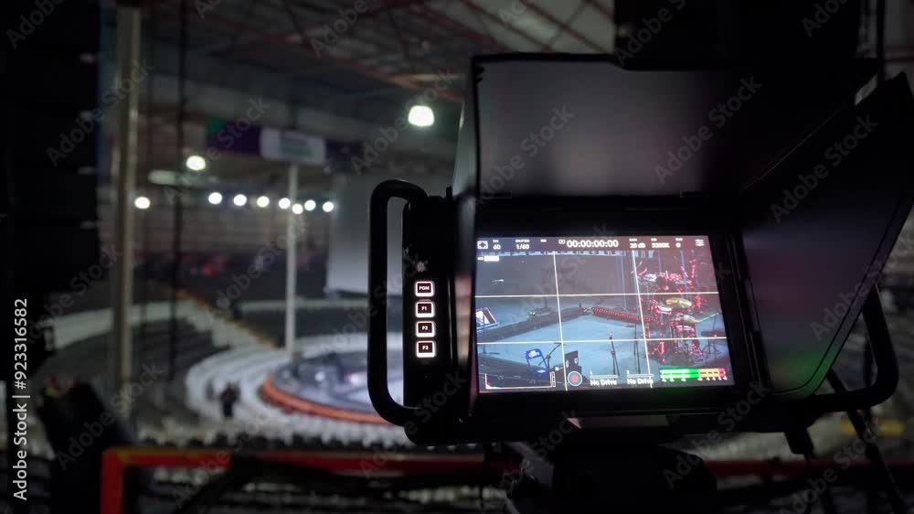 Detailed view of a video camera placed on the set before the start of a concert at the Palenque in Mexico. The camera is focused on the stage area, surrounded by technical equipment and lights. Detailed view of a video camera placed on the set before the start of a concert at the Palenque in Mexico. The camera is focused on the stage area, surrounded by technical equipment and lights.