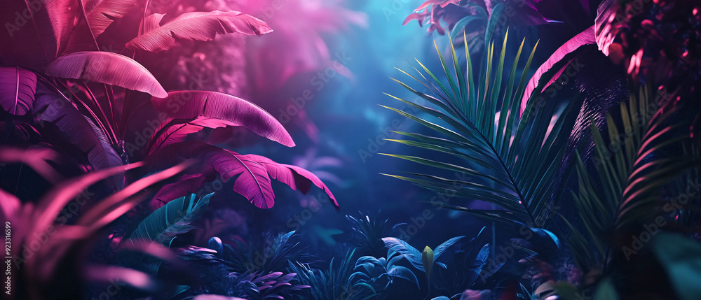 Fototapeta premium Vibrant Neon Tropical Foliage Background with Pink and Blue Lighting, Vibrant Neon Tropical Foliage Background with Pink and Blue Ligh
