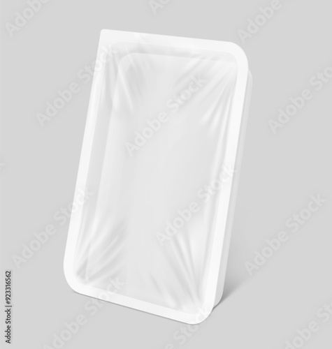 Clear tray container mockup. Vector illustration isolated on grey background. Layered template file easy to use for your promo product: meat of animals, chicken, fish. EPS10.