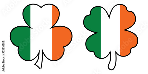 Día de San Patricio. Grupo de trébol con línea exterior y relleno con la textura de la bandera de Irlanda para felicitaciones y tarjetas
