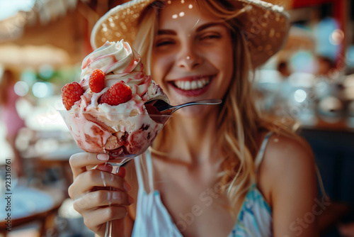 Smiling woman holding a berry sundae in a summer hat. photo