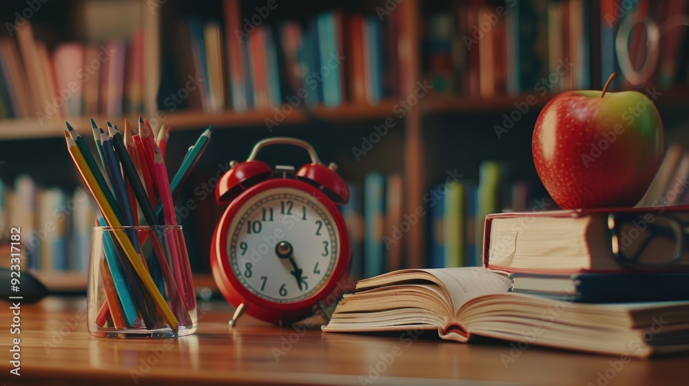 A blurred background of school books and colored pencils in an alarm clock on the table, glasses, apple against the backdrop of bookshelves with space for text or images. High quality photo A blurred background of school books and colored pencils in an alarm clock on the table, glasses, apple against the backdrop of bookshelves with space for text or images. High quality photo