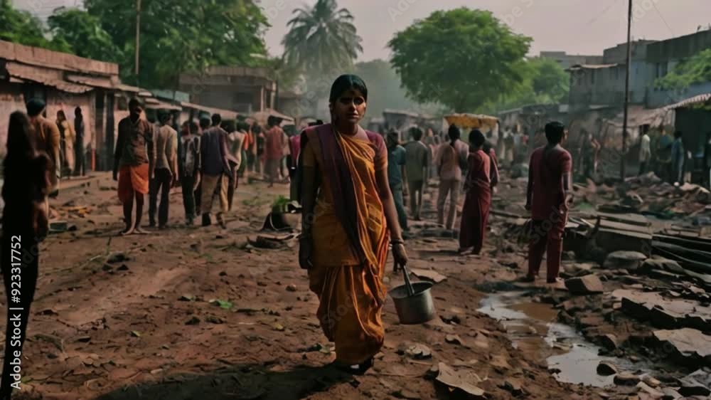 Woman in saree going to collect water in a pot living in an Indian slum, lives of people living in Indian slum concept video Generative AI Woman in saree going to collect water in a pot living in an Indian slum, lives of people living in Indian slum concept video Generative AI