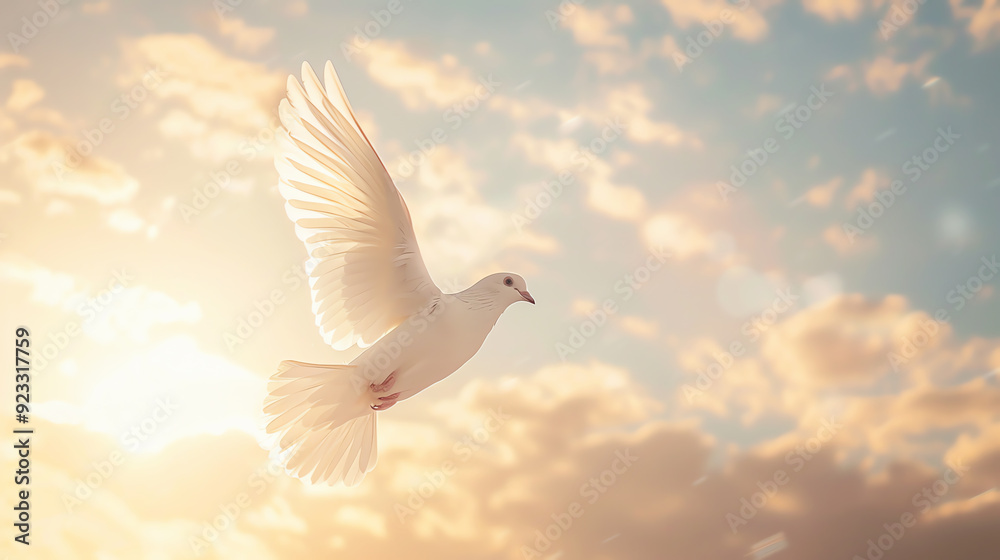 Obraz premium white dove in the sunset sky, peace symbol, AI generated
