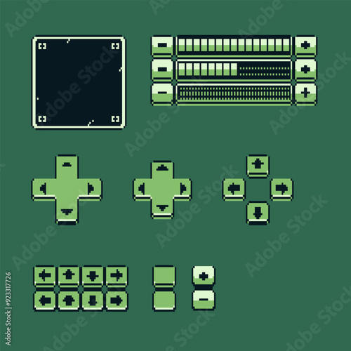 Button, game boy interface, pixel art design, play, option, retro 80s console gaming app, video game, flat style, old school computer graphic design, 8-bit sprite, game assets, vector illustration.