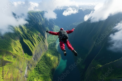 A skydiver in a red suit soars above a breathtaking scenic valley with lush green mountains and a winding river, capturing the thrill and freedom of skydiving in an open sky.