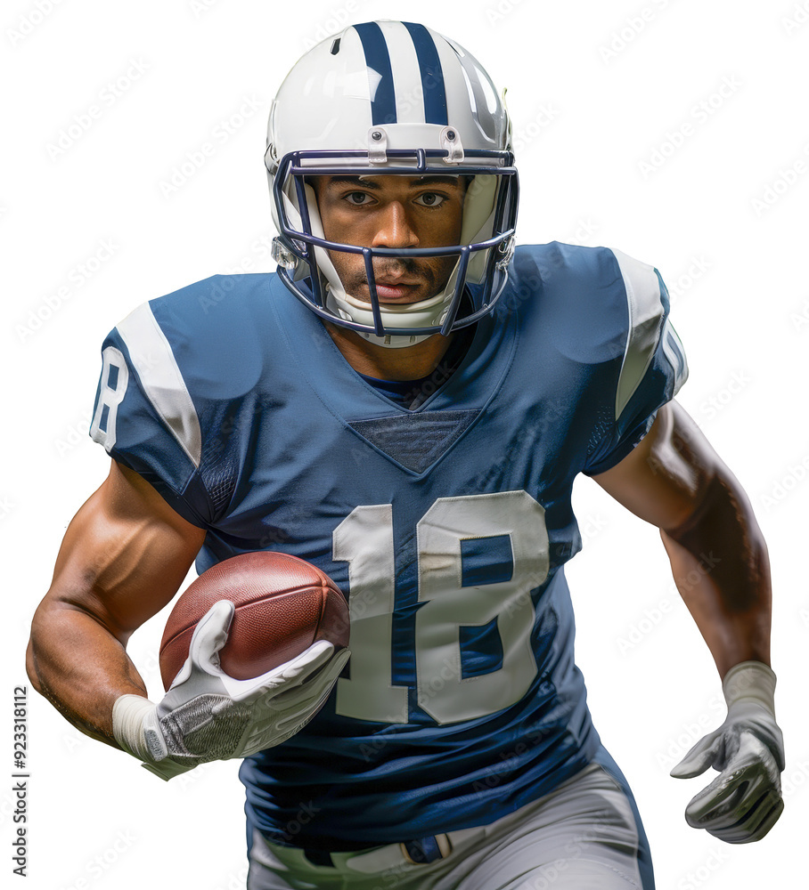 Fototapeta premium An American football player in a white helmet and blue uniform. The player runs with the ball in his hands. Transparent isolated background